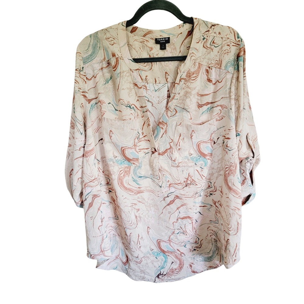 Torrid Harper 1 Georgette Pullover Blouse Tan Marble Print Romantic Flowy Airy - Picture 3 of 11